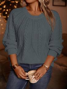 SHEIN LUNE 大尺碼純色線接袖毛衣 - 灰色 - 查看 7