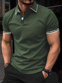 Manfinity Homme Men'S Color Block Contrast Trim Polo Shirt With Letter Logo - Green - View 1