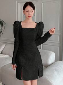 EastFlair 女款中式開叉領口腰袖側開衩洋裝 - 黑色 - 查看 5