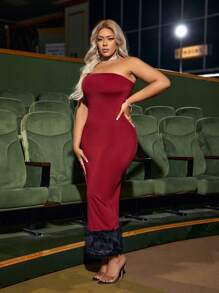 SHEIN SXY Plus Size Colorblock Fuzzy Bustier Dress With Tassel Hem - Burgundy - View 6