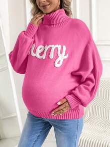 SHEIN 孕妇高领字母印花毛衣，适合冬季 - 粉色 - 查看 6