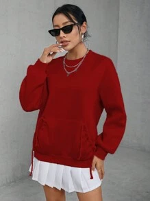 SHEIN EZwear 女性束口口袋圓領毛衣 - 紅色 - 查看 1