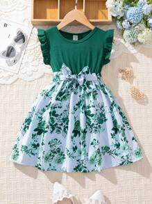 SHEIN Young Girl Floral Print Dress With Ruffle Hem,Holiday,Summer,Travel