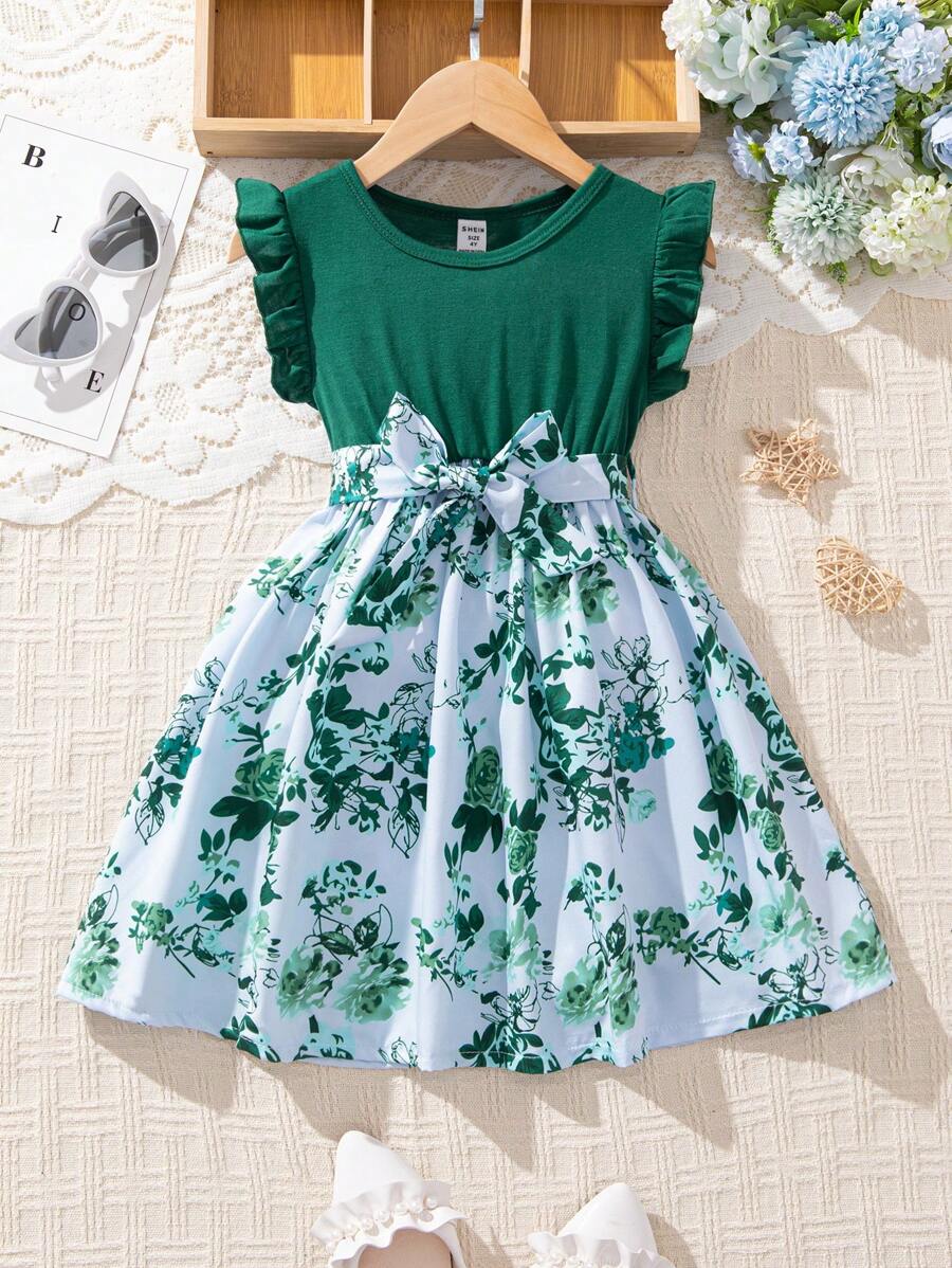 SHEIN Young Girl Floral Print Dress With Ruffle Hem,Holiday,Summer,Travel