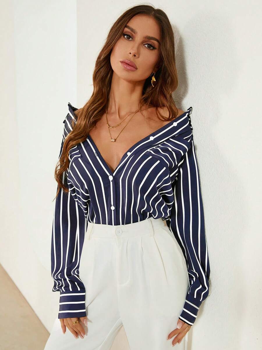 SHEIN Privé Sọc Tay áo dài Áo sơ mi - Màu xanh hải quân - Xem 1