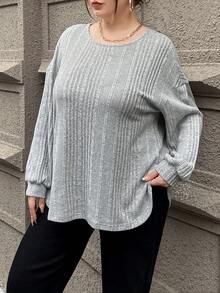 SHEIN Essnce Plus Size Women'S Ribbed Curve Hem T-Shirt - Grey - View 3