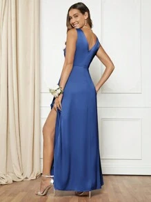 SHEIN Belle Vestido Con Cuello Envuelto Y Abertura Para Mujer - azul real - Ver 2