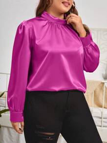 SHEIN Privé 大尺碼女士固色絲綢立領百褶長袖襯衫 - 玫紅色 - 查看 4