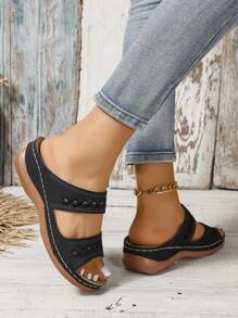 Women's Hollow Out Design Diamond Pattern Fashionable, Casual, Comfortable, Travel, Beach Wedge Heel, Thick Sole Sandals