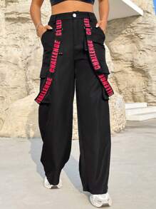 SHEIN Coolane Pantalones Cargo Con Decoración De Correas Con Diseño De Letras - Negro - Ver 6