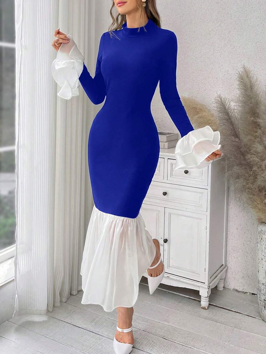 SHEIN Privé Ladies' Color Block Mermaid Hem Dress - Royal Blue - View 1