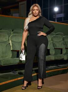SHEIN SXY Plus Size Off The Shoulder Mesh Splicing Asymmetric Collar Bodysuit - Black - View 3