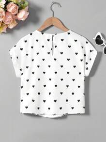 SHEIN Tween Girls' Woven Heart Pattern Round Neck Batwing Sleeve Casual Shirt - Multicolor - View 2