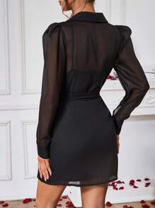 SHEIN Clasi Vestido-camisa De Cintura Con Cinturón De Manga Larga Y Abullonada De Chiffón