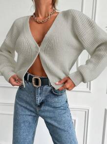 EURMUSE Solid Drop Shoulder Ribbed Knit Cardigan - White - View 5