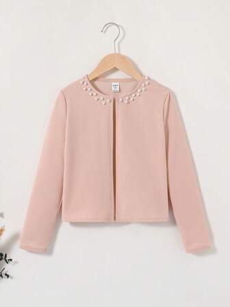SHEIN Cardigan À Manches Longues Sans Col En Tricot Perlé Décontracté Pour Les Filles Entre 10 Et 12 Ans