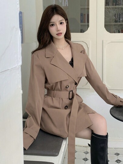 DAZY Women Business Casual Solid Color Double-Breasted Trench Coat,Fall Clothes Women Jacket
