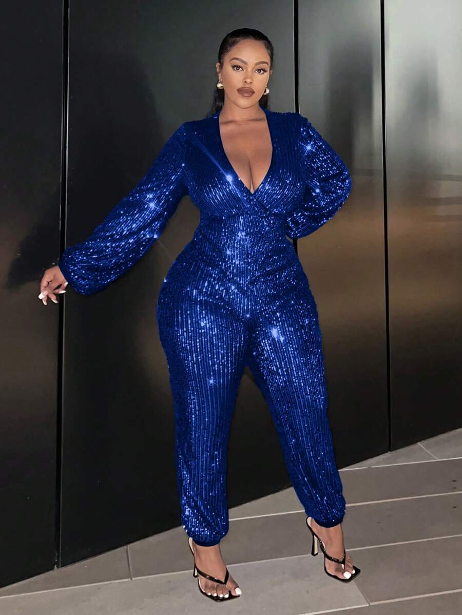 Slaydiva Plus Size Women's Deep V-Neck Shiny Jumpsuit - Royal Blue - View 1