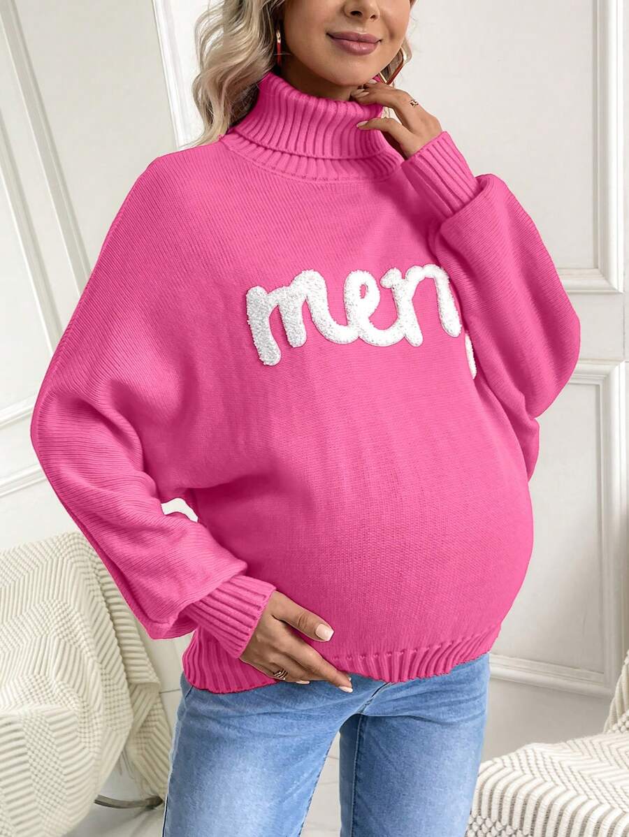SHEIN 孕妇高领字母印花毛衣，适合冬季 - 粉色 - 查看 1