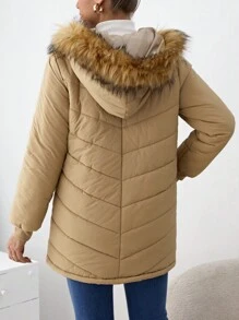 SHEIN 孕妇拉链前毛绒连帽棉服外套，设计迷人，适合冬季 - 卡其色 - 查看 2