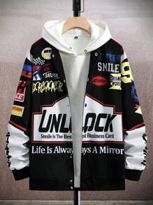 Aesthetic Post Chaqueta Floja Para Hombre Con Botones Y Letras De Color Contrastante Impresas - Negro - Ver 2
