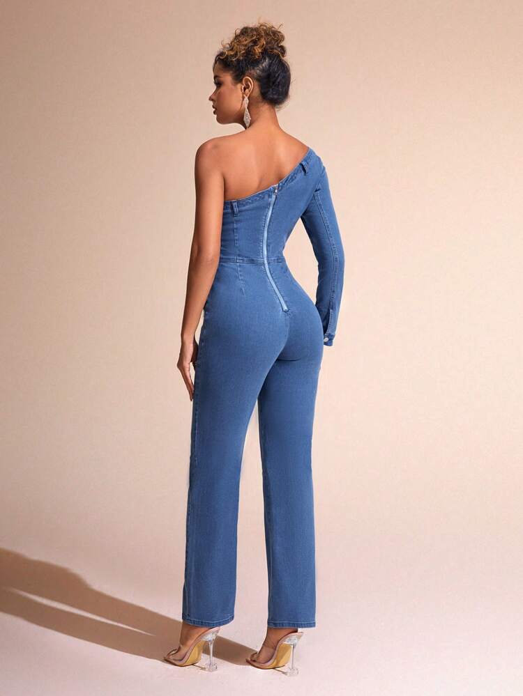 Women's One Shoulder Long Sleeve Denim Jumpsuit