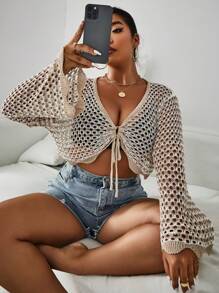 Flirla Plus Size Solid Color Hollow Out Lace Up Cardigan Fall Cloth For Women