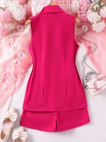 Sparklyn 少女無袖開衫上衣、短褲和襯衫三件套裝,紅酒色 - 玫紅色 - 查看 2