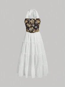 SHEIN MOD Vestido De Cuello Halter Con Estampado De Oso Y Parche