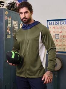Manfinity Athleisure Boyfriend Style Men's Color Blocking Mesh Hooded Sports Jacket Workout Tops