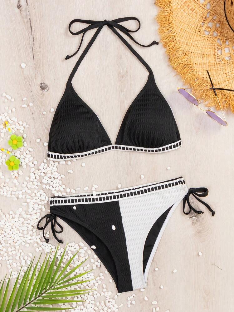Summer Colorblock Triangle Halter Top And Drawstring Side Triangle Bottom Bikini Swimwear Music Festival