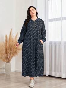 Mulvari 加大码全印花拉链半开襟卫衣连衣裙 - 霧霾藍 - 查看 1