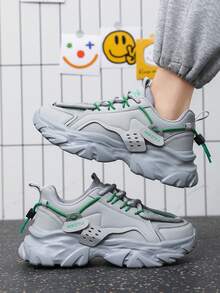 男款運動鞋全季節人造皮革鞋面輕量舒適多用途休閒鞋厚底增高跑步運動戶外單帶極簡運動鞋 - 灰色 - 查看 3