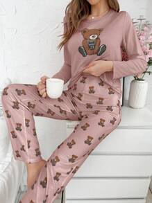 Cartoon Bear Printed Long Sleeve & Pants Pajama Set - Dusty Pink - View 1