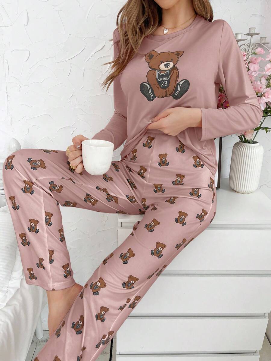 Cartoon Bear Printed Long Sleeve & Pants Pajama Set - Dusty Pink - View 1