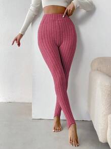 SHEIN Essnce 女士肋紋緊身褲 - 玫紅色 - 查看 3