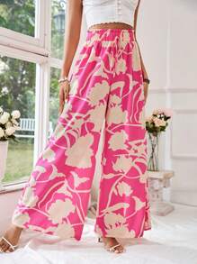 SHEIN VCAY Women's Holiday Plant Print High Waist Palazzo Pants - Hot Pink - View 1