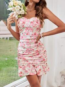 SHEIN VCAY 女士花卉印花無肩帶情人節連衣裙 - 紅色 - 查看 3