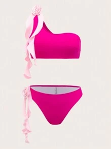 SHEIN Swim Bộ bikini hai mảnh hoa 3d dành cho nữ Bãi biển mùa hè Valentine - Màu Hồng Tươi - Xem 1