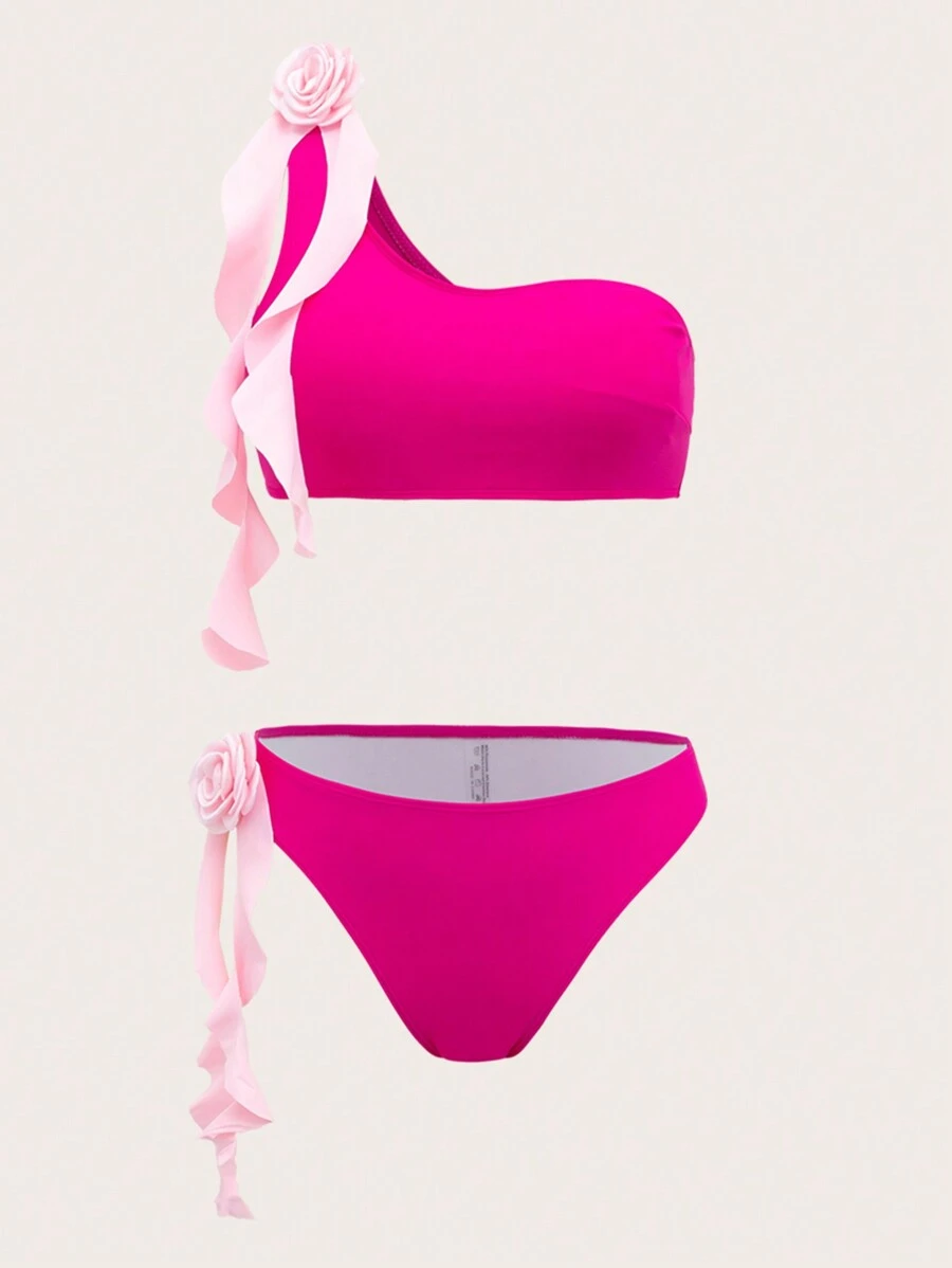 SHEIN Swim Bộ bikini hai mảnh hoa 3d dành cho nữ Bãi biển mùa hè Valentine - Màu Hồng Tươi - Xem 1