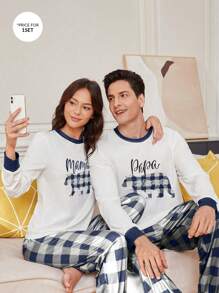 Women's Letter & Plaid Patterned Long Sleeve Pants Homewear Set - Blue - View 1