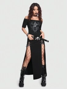 ROMWE Goth 女性的星星和藤蔓印花露肩短袖t恤 - 黑色 - 查看 2