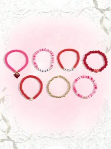 ROMWE Kawaii 7 件/套时尚甜美可爱心形吊坠和串珠字母手链，适合女性日常佩戴、情人节和友谊礼物、妈妈、母亲、母亲节、礼物 - 彩色 - 查看 2