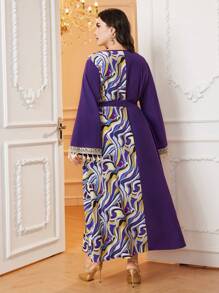 Al Najma Plus Size Printed V-Neck Dress With Tassel Trimmed Flare Sleeves