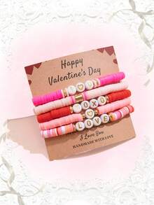 ROMWE Kawaii Bộ 5 chiếc vòng tay gốm mềm mại đính hạt chữ cái dễ thương dành cho nữ, lý tưởng làm quà tặng ngày Valentine (bao gồm vòng tay và thiệp). - Nhiều màu - Xem 3