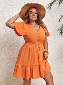 SHEIN VCAY 大尺碼女款抽繩腰部荷葉邊下擺連身裙 - 橘色 - 查看 6