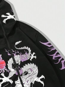 ROMWE MEN Street Life Men's Dragon Pattern Letter Print Zippered Hoodie - Black - View 6