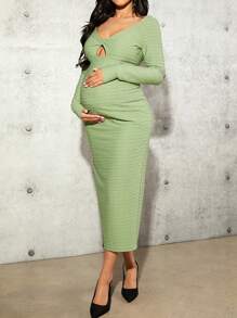 SHEIN Maternity Button Detail Hollow Out Long Sleeve Dress - Green - View 3