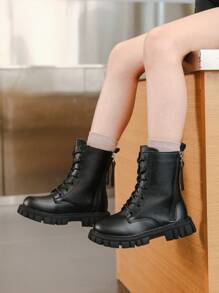 Botas de invierno para niñas, grandes, botas planas de combate de puntera redonda para niños, botas de princesa hasta el tobillo para niñas