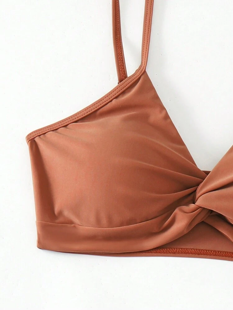 Solid Color Bikini Set With Twisted Detailing Bathing Suit For Summer Beach